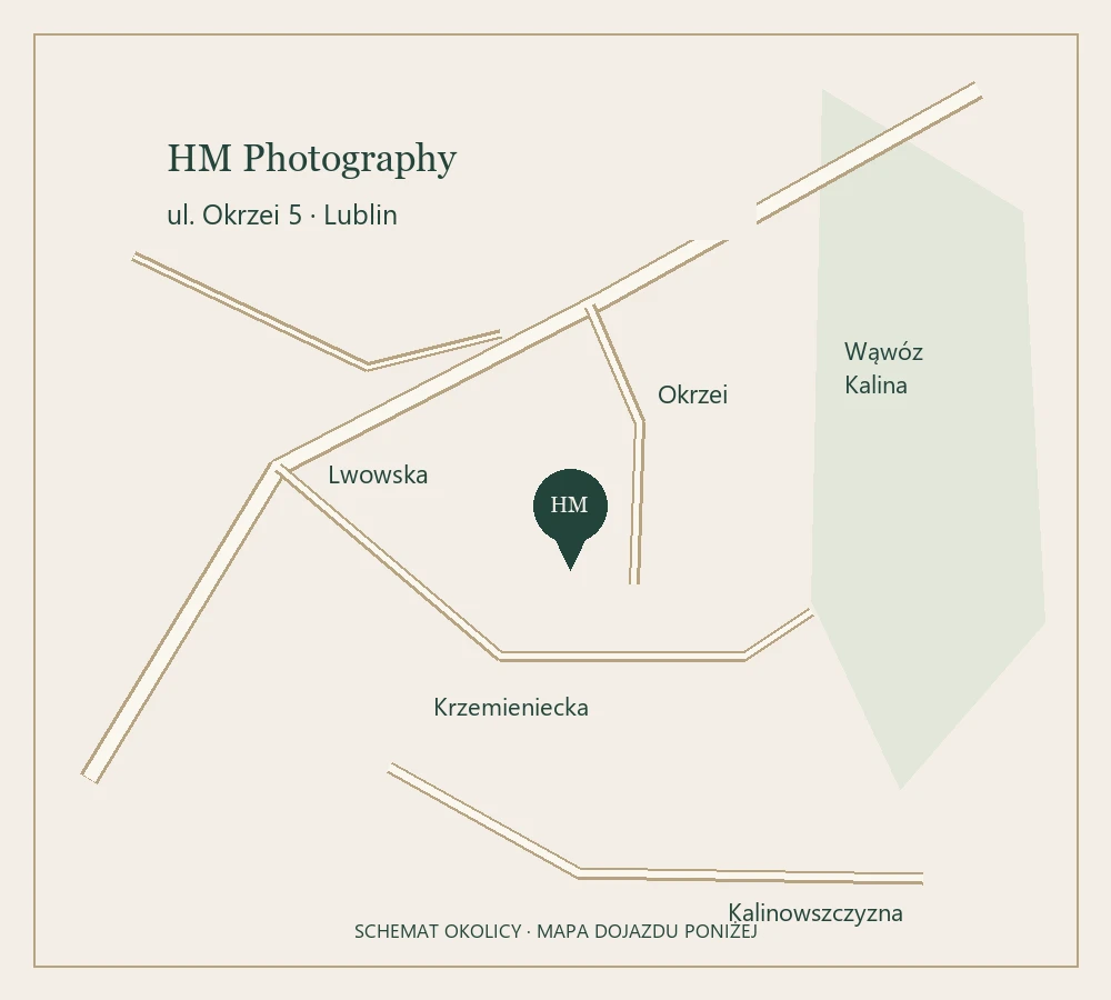 Schemat okolicy studia HM Photography przy ul. Okrzei 5 w Lublinie